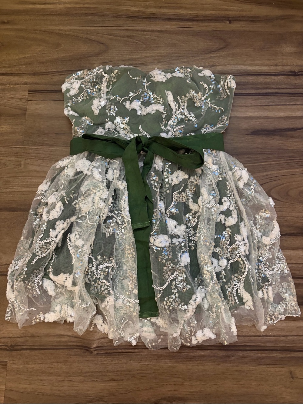 Olive Green Strapless Beaded Sequin Tulle Dress with Sash